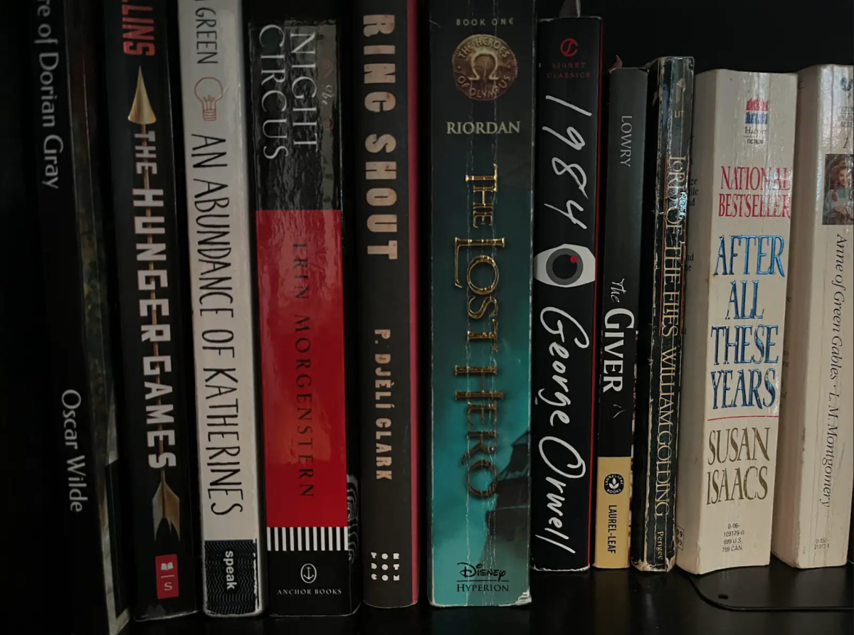 A bookshelf of popular teen novels, including "The Hunger Games" by Suzanne Collins, "The Lost Hero" by Rick Riordan, and "1984" by George Orwell.